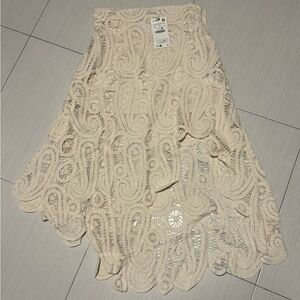 Zara Cream crochet hi-low front Midi Skirt